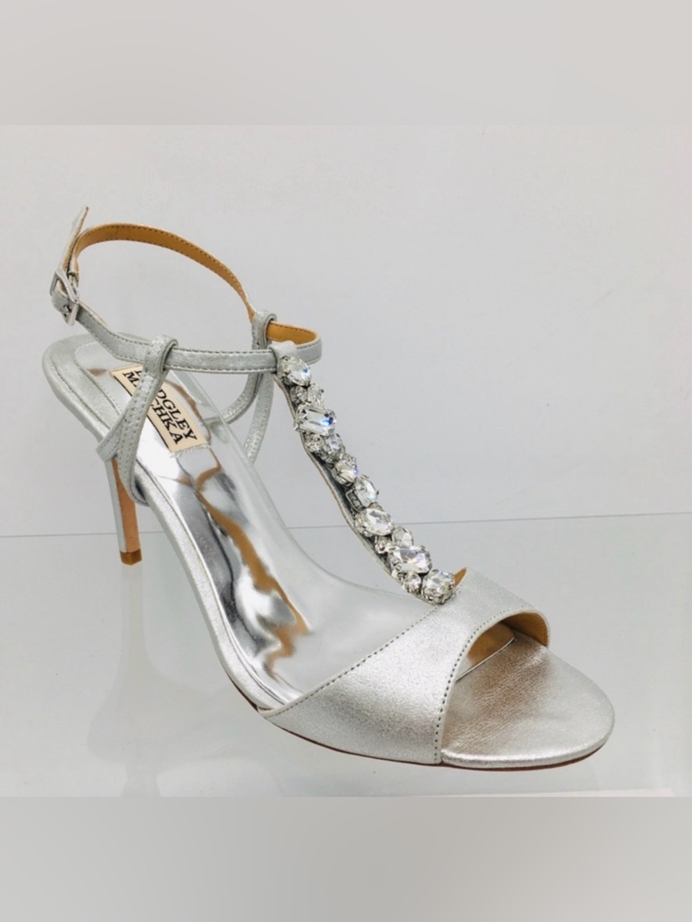 Badgley Mischka Silver Crystal T-Strap Evening Sandal